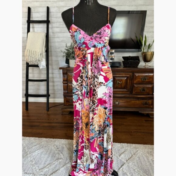 Marciano Vibrant Pink Floral Print Flowy Summer Silk Maxi Dress Size S/P - Picture 1 of 7